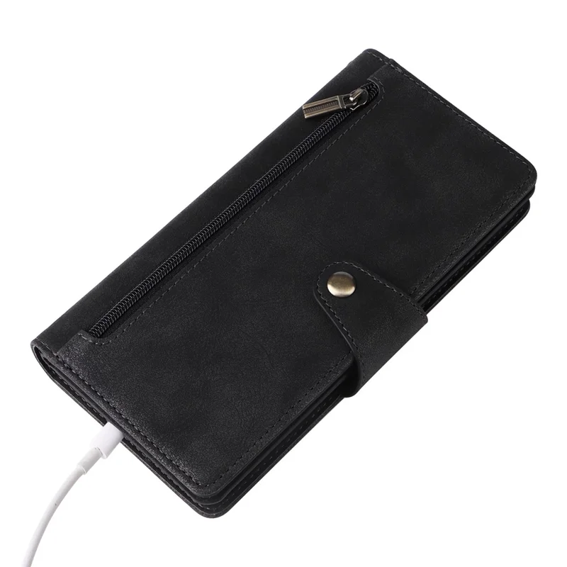 For Xiaomi 14T Pro Case Zipper Wallet Rivet Decor Leather Phone Cover with Wrist Strap - Black