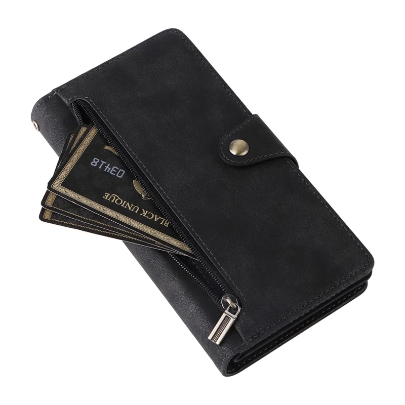 For Xiaomi 14T Pro Case Zipper Wallet Rivet Decor Leather Phone Cover with Wrist Strap - Black