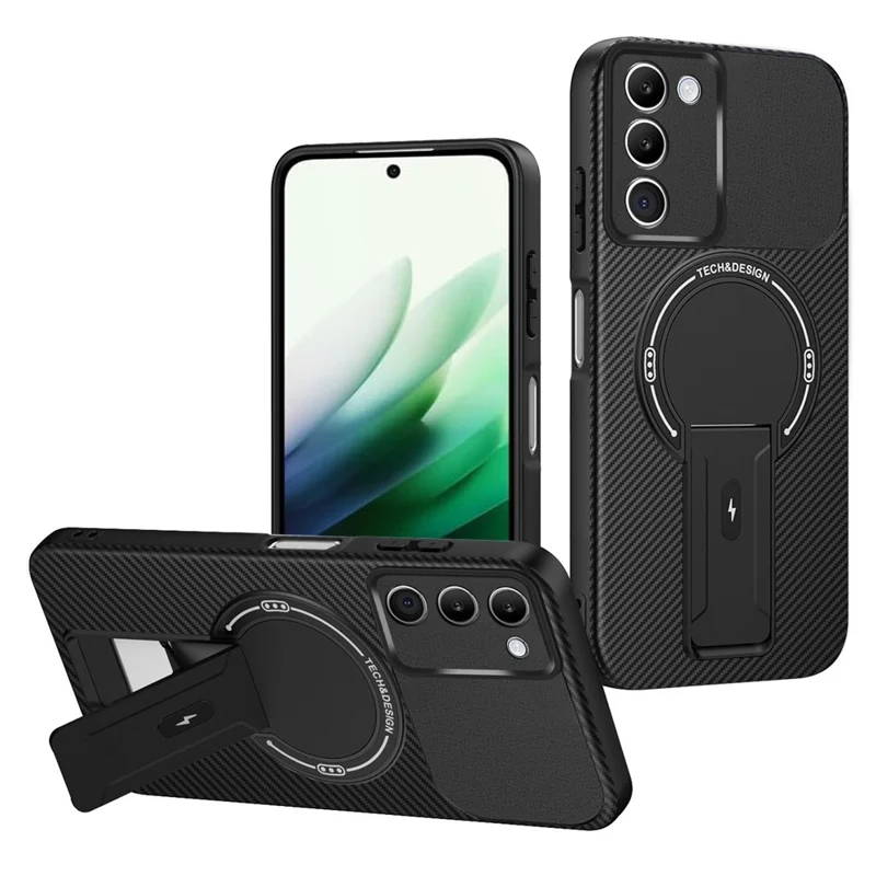 Per Xiaomi Redmi 15 5G (Global) (169mm) Custodia Texture in Fibra di Carbonio PC + TPU Custodia per Telefono con Supporto - Nero