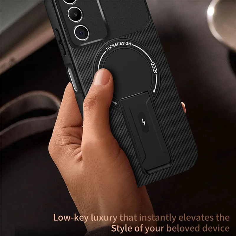 Per Xiaomi Redmi 15 5G (Global) (169mm) Custodia Texture in Fibra di Carbonio PC + TPU Custodia per Telefono con Supporto - Nero