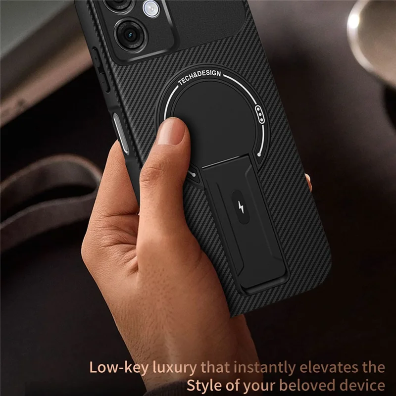 Motorola Moto G54 5G-hoesje met koolstofvezelstructuur PC + TPU telefoonhoesje met standaard - Zwart