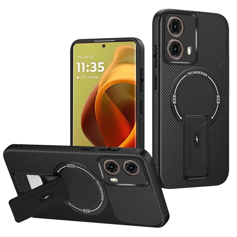 For Motorola Moto G85 5G Case Carbon Fiber Texture PC + TPU Phone Cover with Kickstand - Black