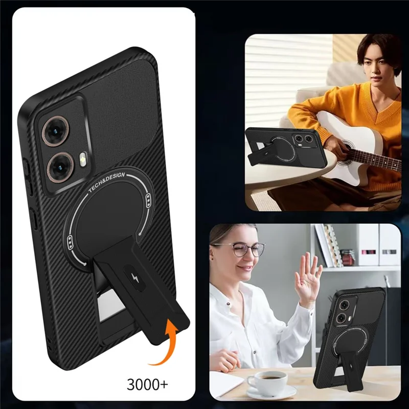 For Motorola Moto G85 5G Case Carbon Fiber Texture PC + TPU Phone Cover with Kickstand - Black