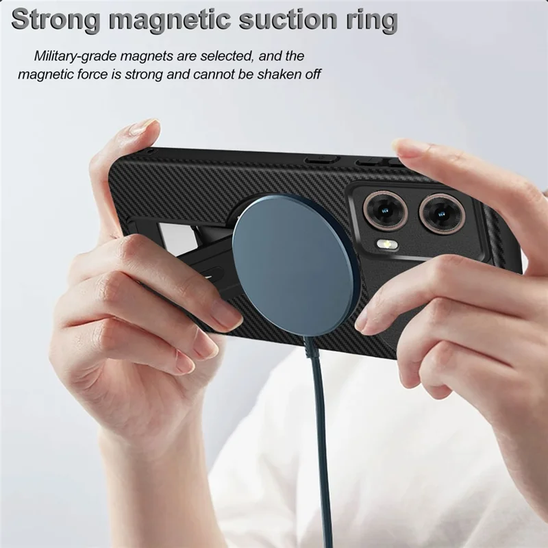 For Motorola Moto G85 5G Case Carbon Fiber Texture PC + TPU Phone Cover with Kickstand - Black