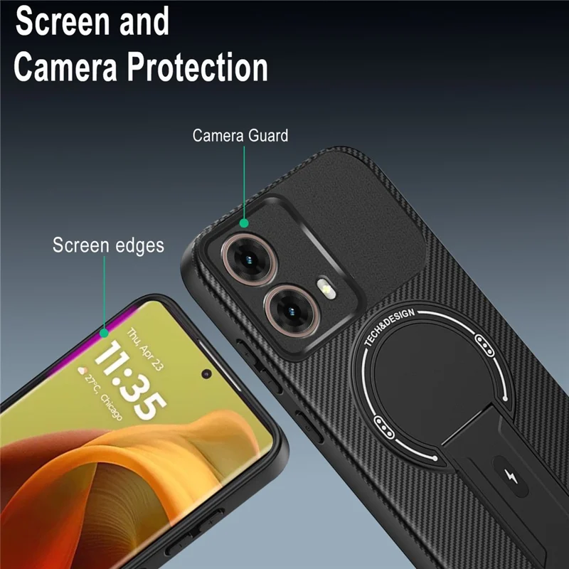 For Motorola Moto G85 5G Case Carbon Fiber Texture PC + TPU Phone Cover with Kickstand - Black