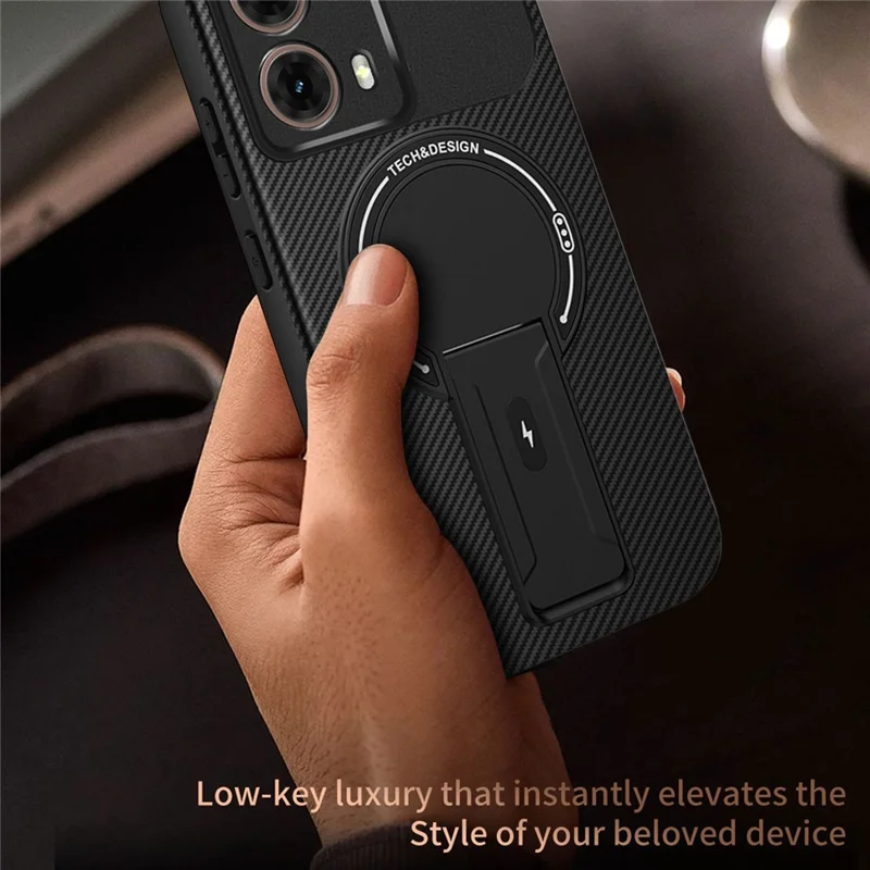For Motorola Moto G85 5G Case Carbon Fiber Texture PC + TPU Phone Cover with Kickstand - Black