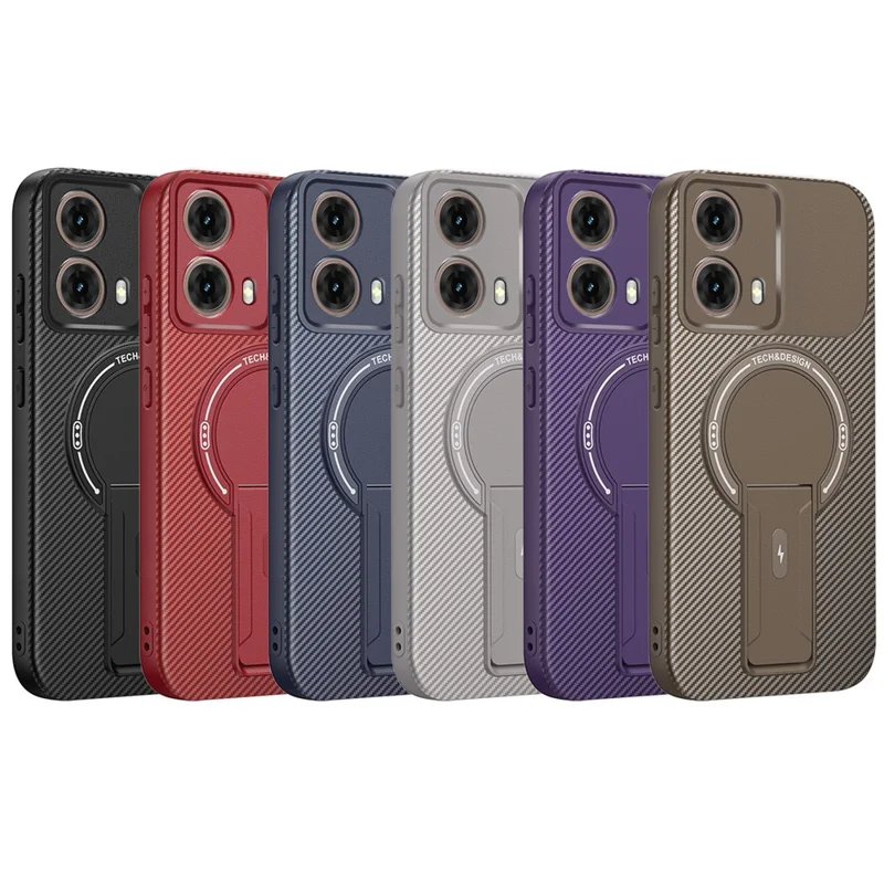 For Motorola Moto G85 5G Case Carbon Fiber Texture PC + TPU Phone Cover with Kickstand - Black