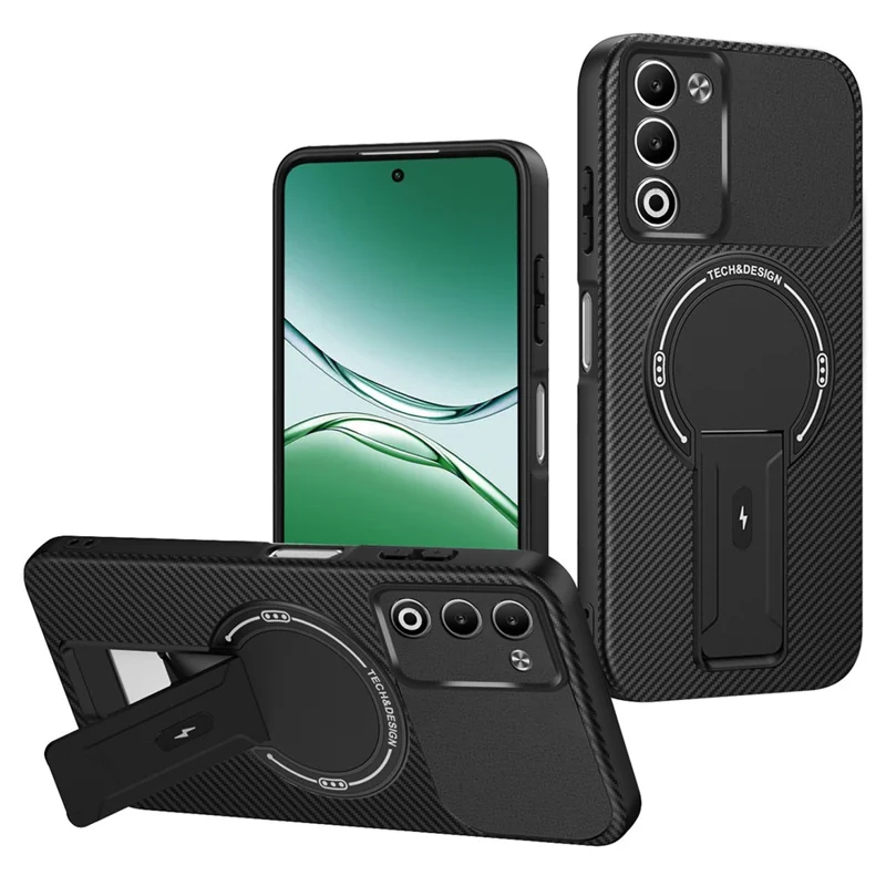 Oppo A5 5G-hoesje met koolstofvezelstructuur, PC + TPU telefoonhoesje met standaard - Zwart