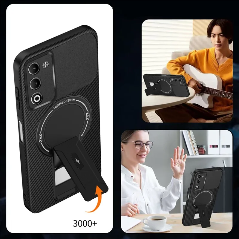 Oppo A5 5G-hoesje met koolstofvezelstructuur, PC + TPU telefoonhoesje met standaard - Zwart