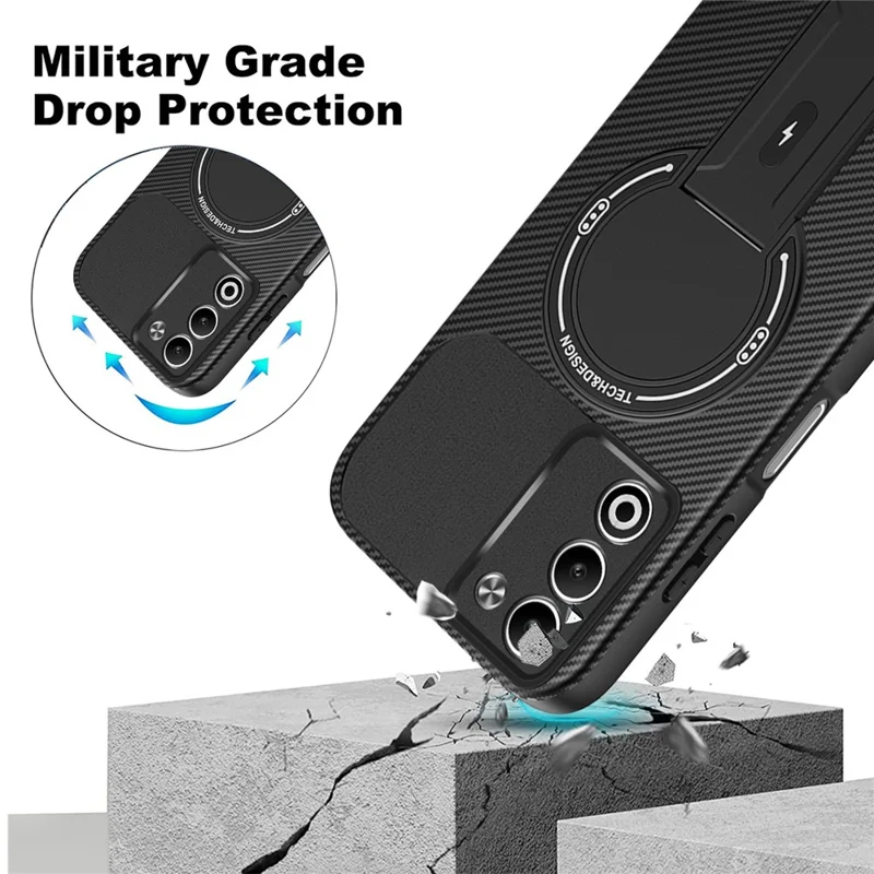 Oppo A5 5G-hoesje met koolstofvezelstructuur, PC + TPU telefoonhoesje met standaard - Zwart