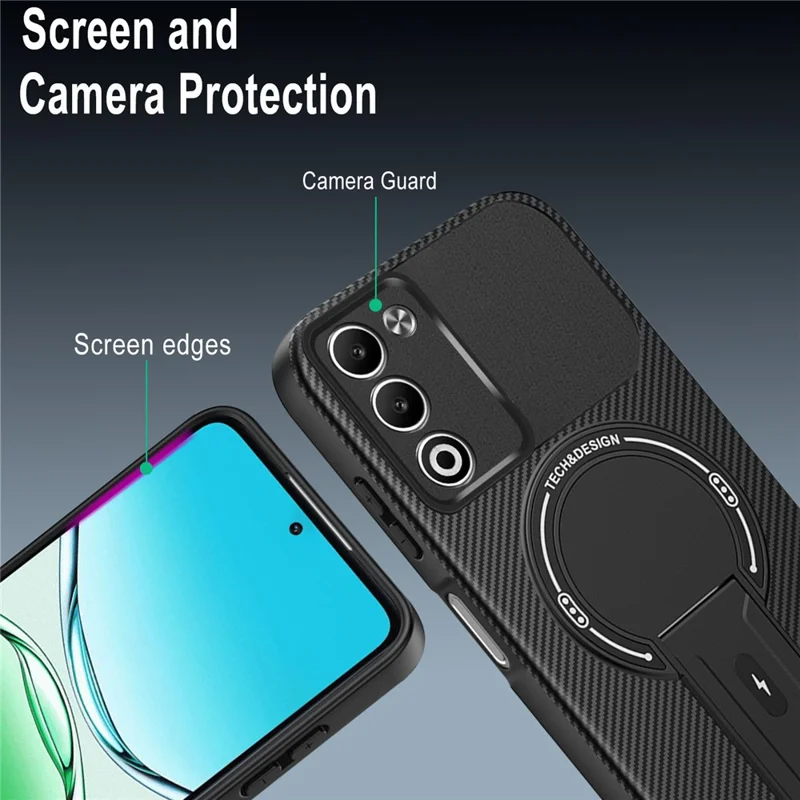 Oppo A5 5G-hoesje met koolstofvezelstructuur, PC + TPU telefoonhoesje met standaard - Zwart