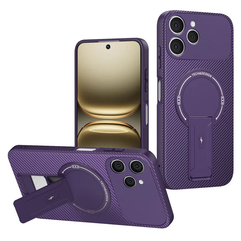 For TECNO Spark 40 4G Case Carbon Fiber Texture PC + TPU Phone Cover with Kickstand - Purple