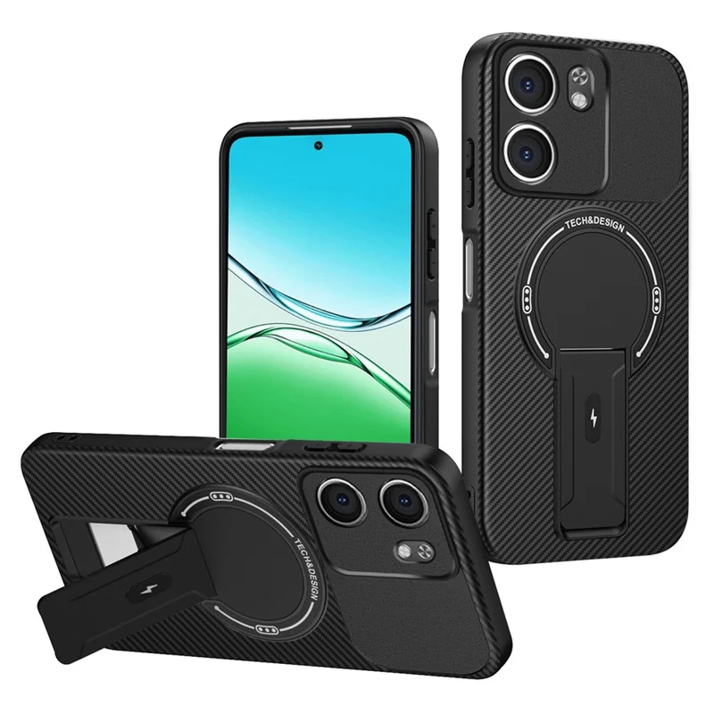 For Oppo A5x 4G / 5G Case Carbon Fiber Texture PC + TPU Phone Cover with Kickstand - Black