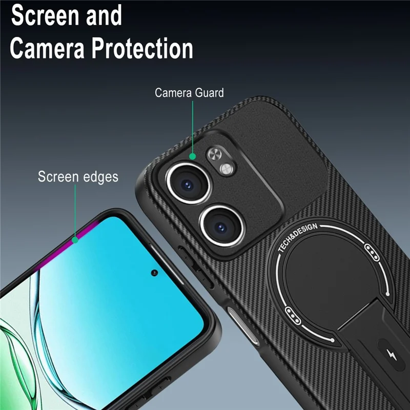 For Oppo A5x 4G / 5G Case Carbon Fiber Texture PC + TPU Phone Cover with Kickstand - Black