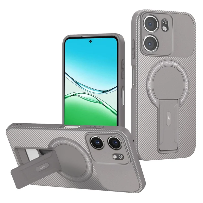 For Oppo A5x 4G / 5G Case Carbon Fiber Texture PC + TPU Phone Cover with Kickstand - Grey