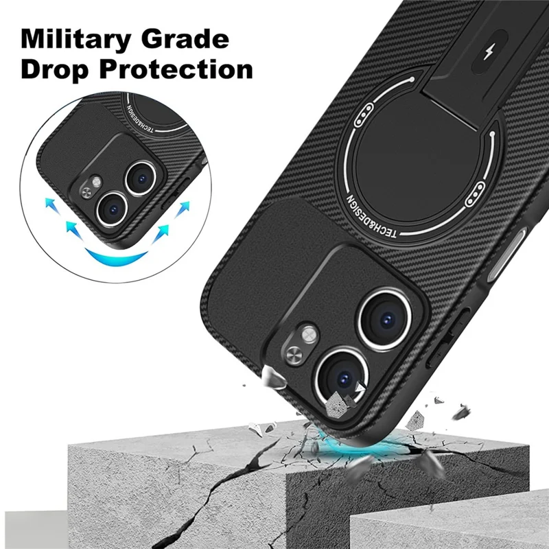 For Oppo A5x 4G / 5G Case Carbon Fiber Texture PC + TPU Phone Cover with Kickstand - Grey