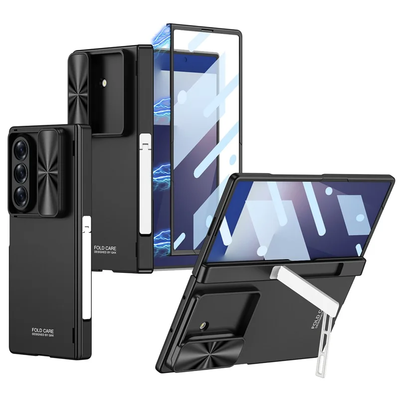 GKK For Samsung Galaxy Z Fold7 5G Case Kickstand Slide Camera Lid Folding PC Phone Cover with Tempered Glass Screen Film - Black