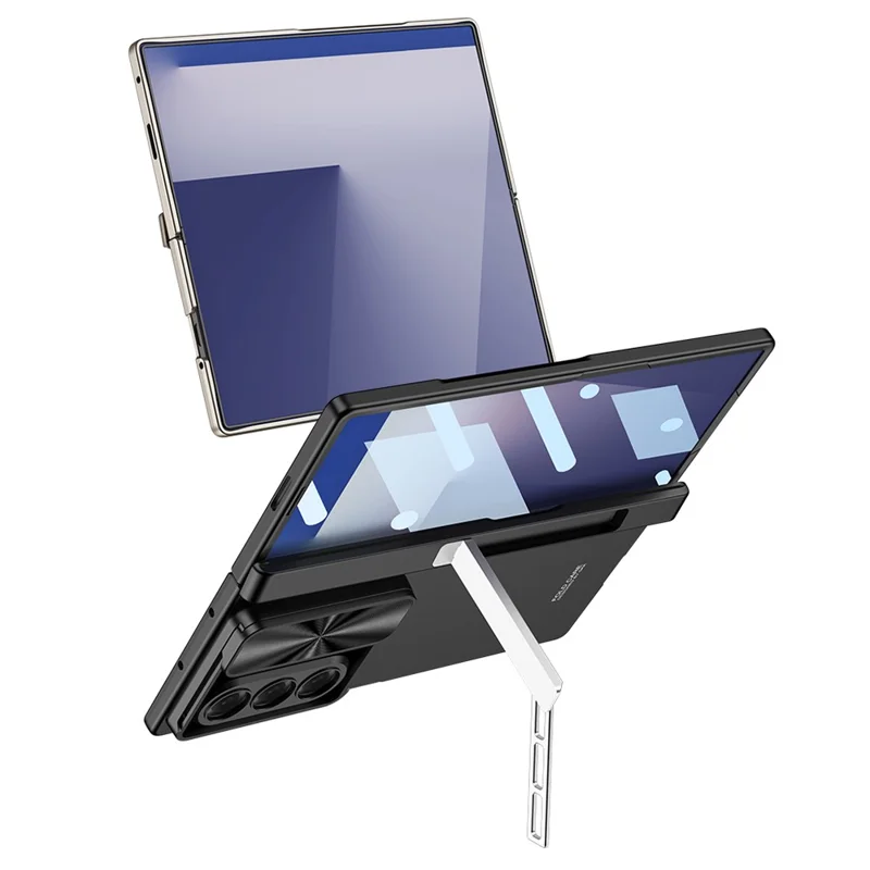 GKK For Samsung Galaxy Z Fold7 5G Case Kickstand Slide Camera Lid Folding PC Phone Cover with Tempered Glass Screen Film - Black