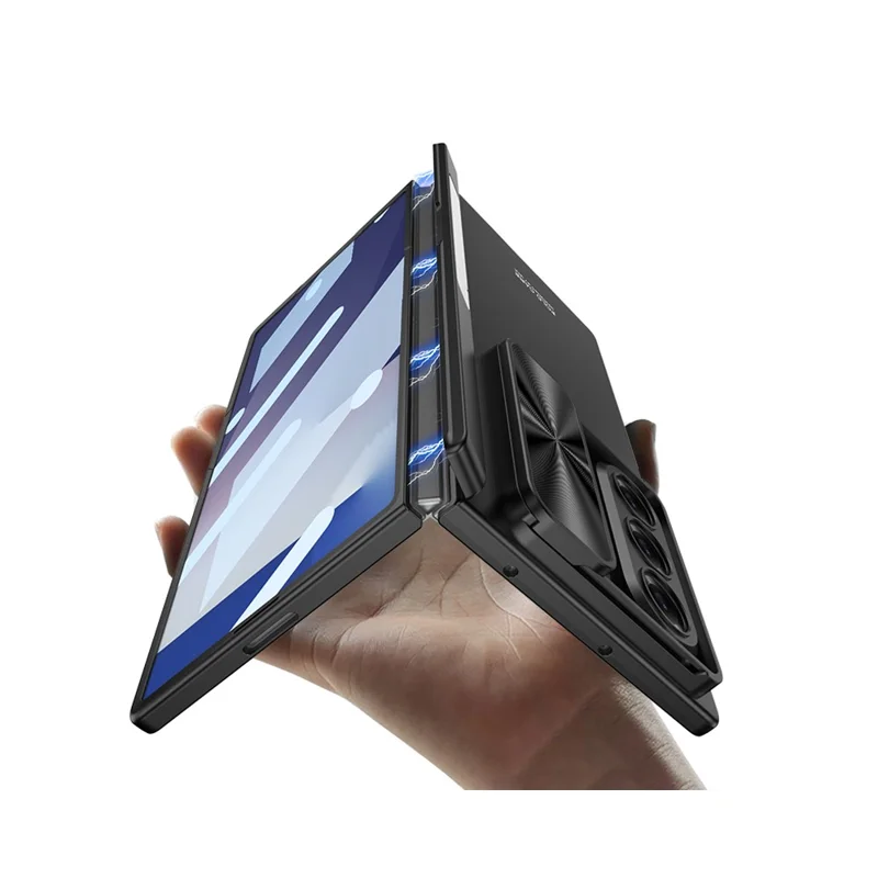GKK For Samsung Galaxy Z Fold7 5G Case Kickstand Slide Camera Lid Folding PC Phone Cover with Tempered Glass Screen Film - Black