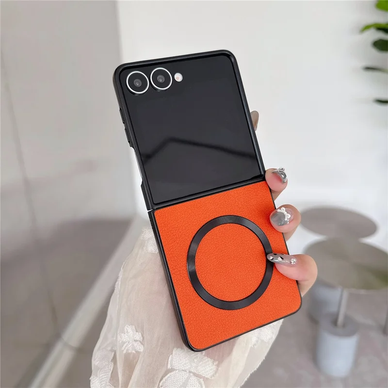 For Samsung Galaxy Z Flip7 5G Magnetic Case PU Leather Coated PC Phone Cover - Orange