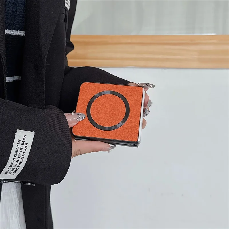 For Samsung Galaxy Z Flip7 5G Magnetic Case PU Leather Coated PC Phone Cover - Orange