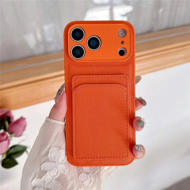 For iPhone 17 Pro Max Case PU Leather TPU Card Holder Phone Cover - Orange U-shaped Card Holder