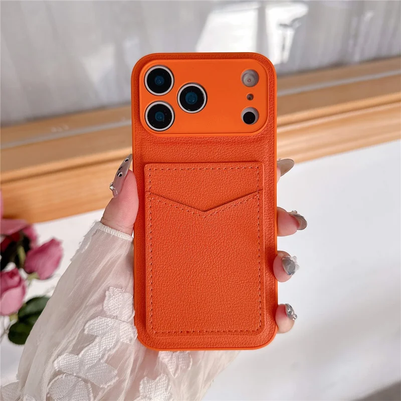 For iPhone 17 Pro Max Case PU Leather TPU Card Holder Phone Cover - Orange V-shaped Card Holder