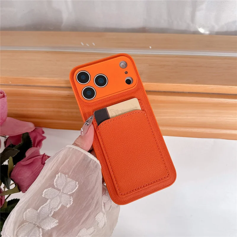 For iPhone 17 Pro Max Case PU Leather TPU Card Holder Phone Cover - Orange V-shaped Card Holder