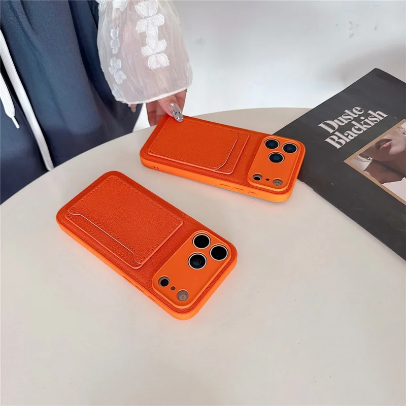 For iPhone 17 Pro Max Case PU Leather TPU Card Holder Phone Cover - Orange V-shaped Card Holder