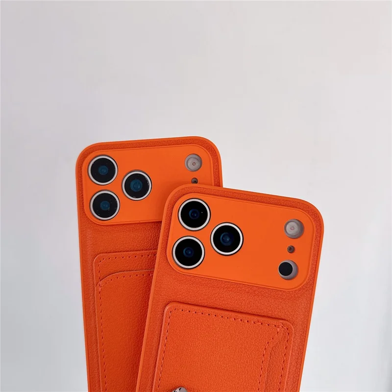 For iPhone 17 Pro Max Case PU Leather TPU Card Holder Phone Cover - Orange V-shaped Card Holder