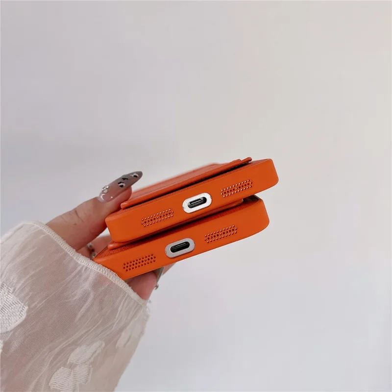 For iPhone 17 Pro Max Case PU Leather TPU Card Holder Phone Cover - Orange V-shaped Card Holder
