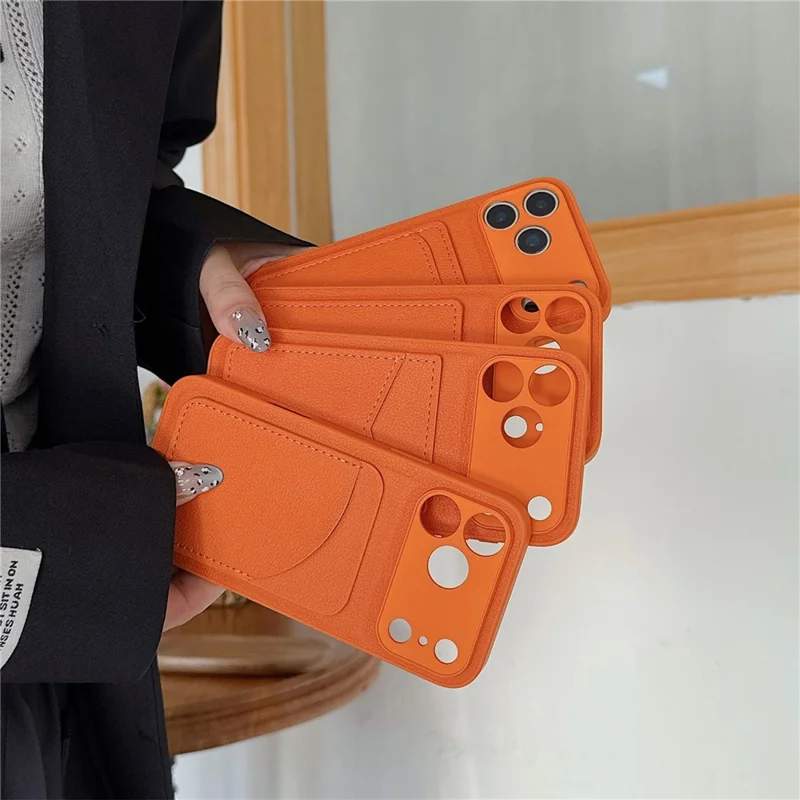 For iPhone 17 Pro Max Case PU Leather TPU Card Holder Phone Cover - Orange V-shaped Card Holder