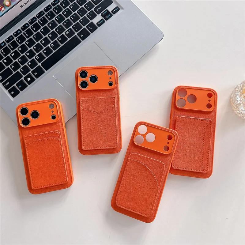 For iPhone 17 Pro Max Case PU Leather TPU Card Holder Phone Cover - Orange V-shaped Card Holder