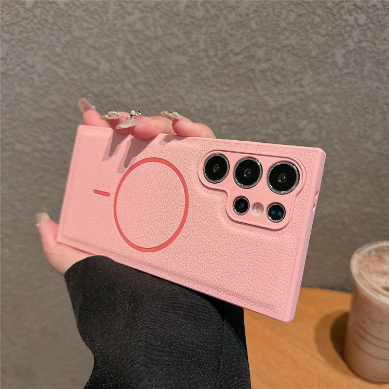 For Samsung Galaxy S24 Ultra Case Læderbehandling TPU Telefonbeskyttelse Kompatibel med MagSafe - Pink
