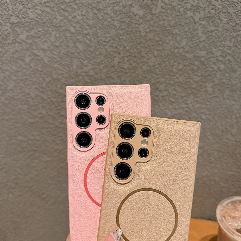 For Samsung Galaxy S24 Ultra Case Læderbehandling TPU Telefonbeskyttelse Kompatibel med MagSafe - Pink