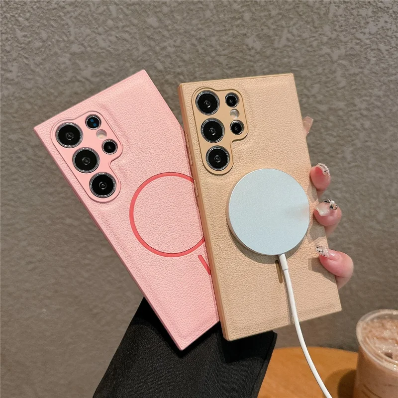 For Samsung Galaxy S25 Ultra Case Leather Coated TPU Phone Cover Magnetic Case - Pink