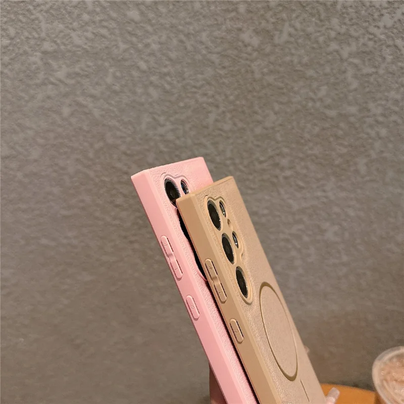 For Samsung Galaxy S25 Ultra Case Leather Coated TPU Phone Cover Magnetic Case - Pink