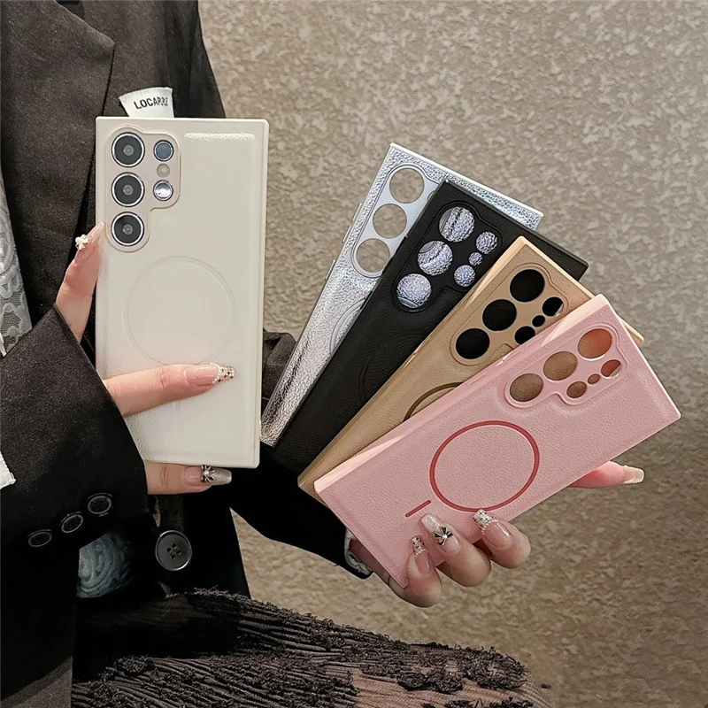 For Samsung Galaxy S25 Ultra Case Leather Coated TPU Phone Cover Magnetic Case - Pink