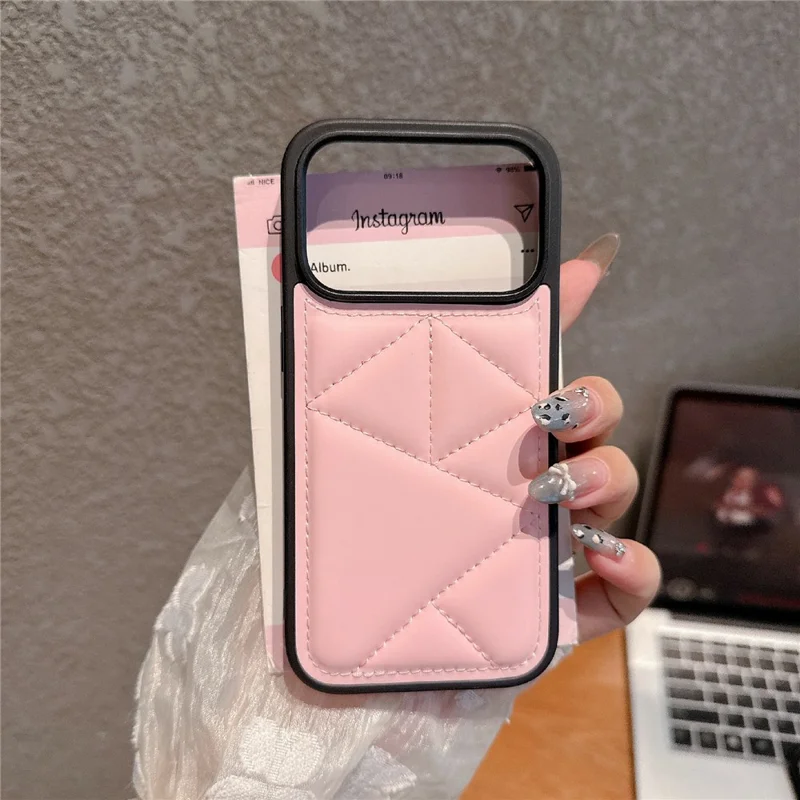 For iPhone 17 Pro Case Triangle Quilted Down Jacket Design PU Leather TPU Phone Cover - Pink
