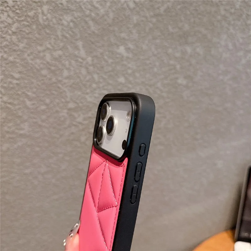 For iPhone 17 Pro Case Triangle Quilted Down Jacket Design PU Leather TPU Phone Cover - Pink