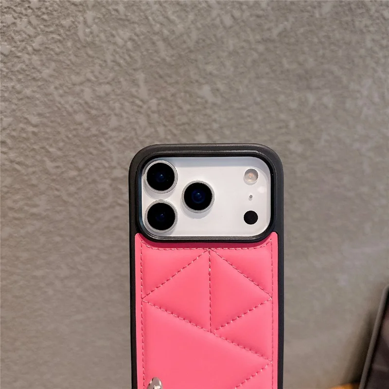 For iPhone 17 Pro Max Case Triangle Quilted Down Jacket Design PU Leather TPU Phone Cover - Pink