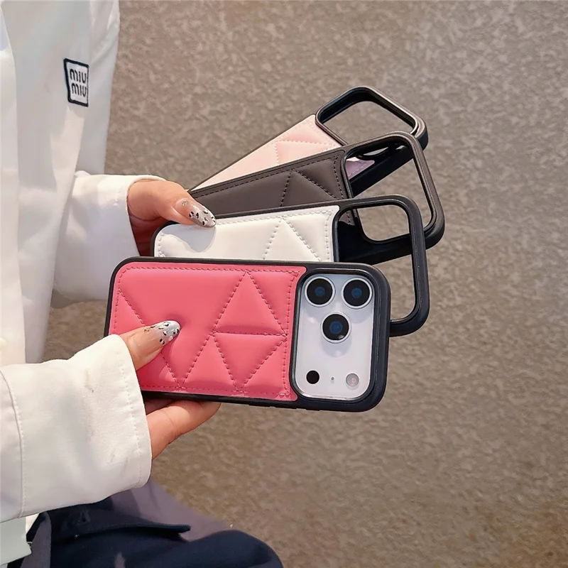 For iPhone 17 Pro Max Case Triangle Quilted Down Jacket Design PU Leather TPU Phone Cover - Pink