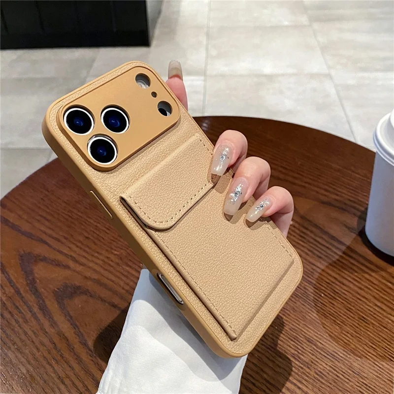 For iPhone 17 Pro Max Case Solid Color PU Leather TPU Phone Cover with Card Holder Kickstand - Khaki