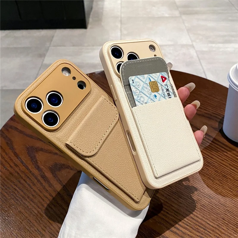 For iPhone 17 Pro Max Case Solid Color PU Leather TPU Phone Cover with Card Holder Kickstand - Khaki