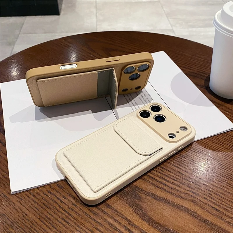 For iPhone 17 Pro Max Case Solid Color PU Leather TPU Phone Cover with Card Holder Kickstand - Khaki