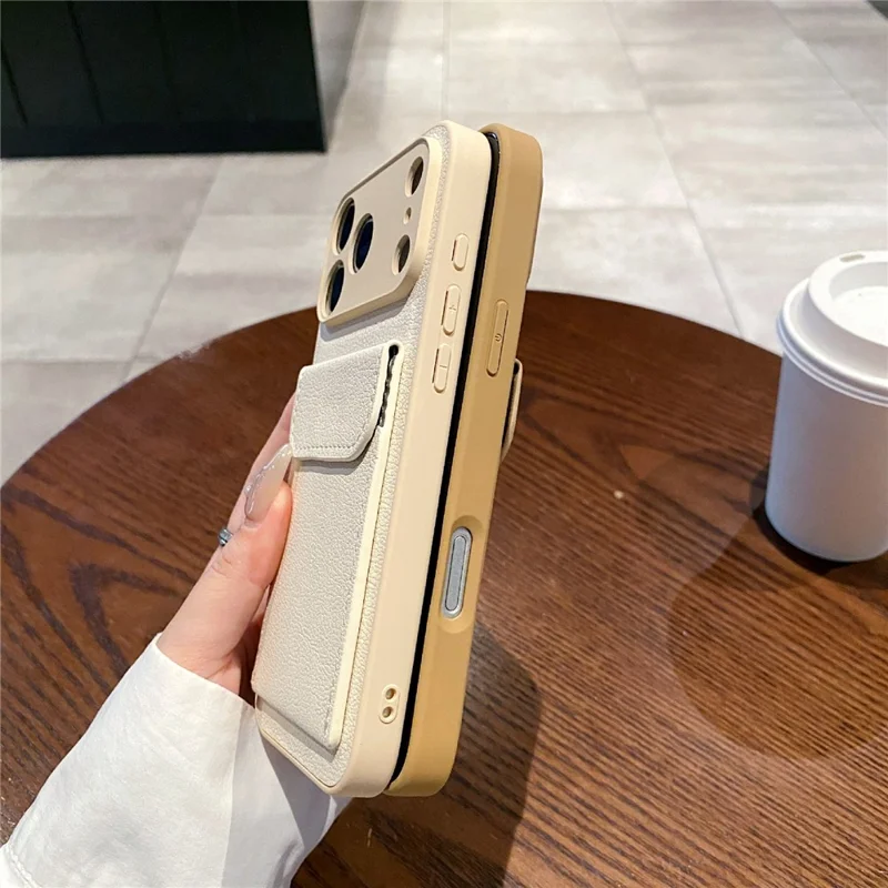 For iPhone 17 Pro Max Case Solid Color PU Leather TPU Phone Cover with Card Holder Kickstand - Khaki