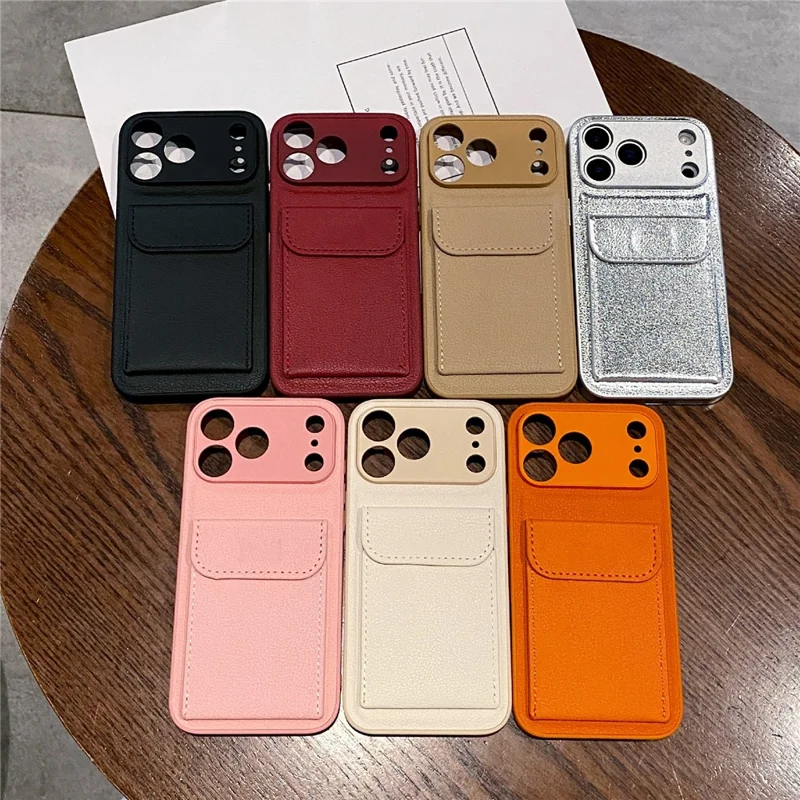 For iPhone 17 Pro Max Case Solid Color PU Leather TPU Phone Cover with Card Holder Kickstand - Khaki