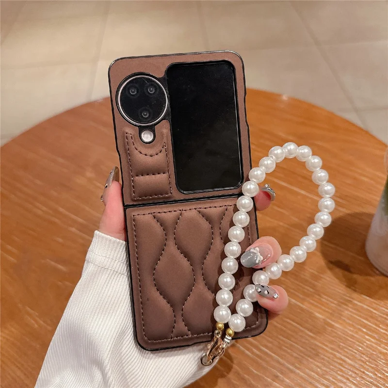 For Oppo Find N3 Flip 5G Ripple Puffer PU PC Case Foldable Phone Cover with Pearl Bracelet - Dark Brown