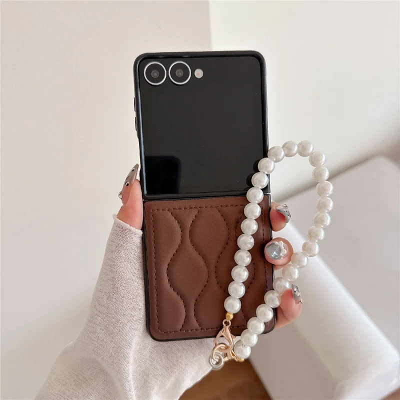 For Samsung Galaxy Z Flip7 5G Ripple Puffer PU PC Case Foldable Phone Cover with Pearl Bracelet - Dark Brown