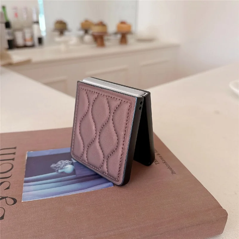 For Samsung Galaxy Z Flip7 5G Ripple Puffer PU PC Case Foldable Phone Cover with Pearl Bracelet - Dark Brown